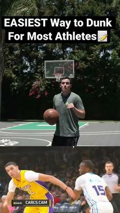 two men are playing basketball on the court and one is holding a ball in his hand