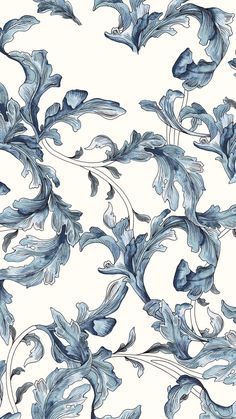 a blue and white wallpaper with leaves on it