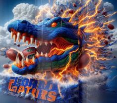 an advertisement for the florida gators football team is shown in front of clouds and lightning