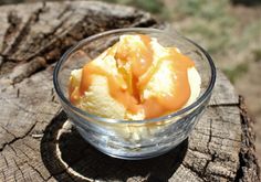 a bowl filled with ice cream sitting on top of a tree stump