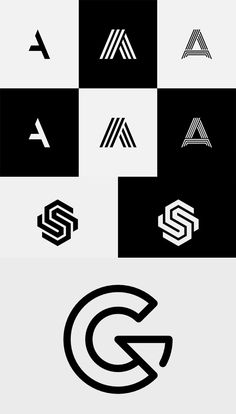 several different logos are shown together in black and white colors, including the letter g