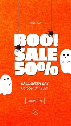 an orange halloween sale poster with ghost faces