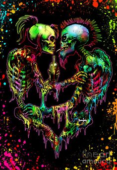 two skeletons in neon colors with their heads turned to the side