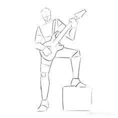 a drawing of a man playing guitar on top of a rock with his legs spread out