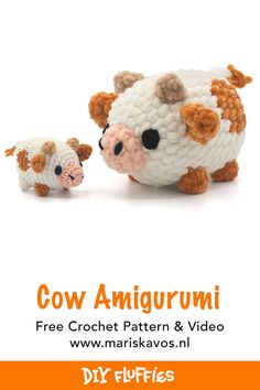 two small stuffed animals sitting next to each other on top of a white background with the words cow amigurmi free crochet pattern and video