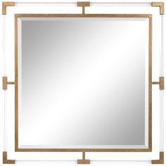 a square mirror with wooden frame and metal bars around the edges, on a white background