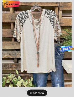 Leopard Short Sleeve Printed Cotton-blend V Neck Casual Summer Light Khaki Top Beautiful Tops, Khaki Tops, Leopard Shorts, Clothes Tops, Raglan Top, Top Light, Plaid Jacket, Cute Summer Outfits, Womens Clothing Stores