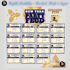 new year party flyer with gold and blue decorations on the front, and an image of a