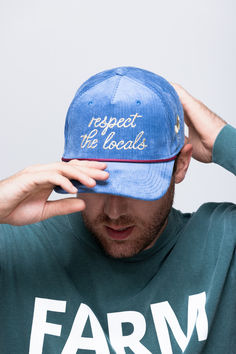 Blue Corduroy Roadie Trucker Hat "Respect The Locals" Work Bag Essentials, Blue Trucker Hat, Leather Strap Bag, Respect The Locals, Chicken Logo, Waxed Canvas Bag, Hats Baseball Caps, Red Rope, Hats Baseball