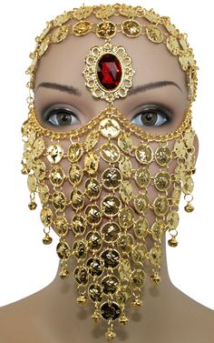 Bedouin Style Belly Dancer Coin Full Face Veil with Gem - GOLD Jewel Veil, Gold Headpieces For Costume Party And Carnival, Traditional Gold Headpiece For Parties, Gold Bohemian Headpiece For Costume Party, Gold Bollywood Headpiece For Festive Season, Gold Headpiece For Masquerade And Carnival, Gold Mask For Costume Party, Traditional Gold Headpieces For Festivals, Gold Headpieces For Party And Festival