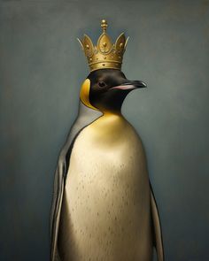 a painting of a penguin with a crown on it's head, standing in front of a blue background