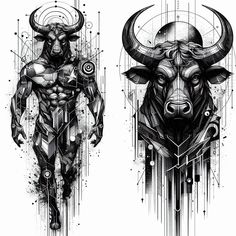 two drawings of bulls with different designs on them