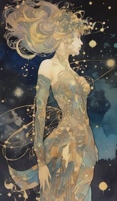 a drawing of a woman with long hair and tattoos on her body, standing in front of stars