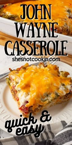 a close up of a slice of casserole on a plate with text overlay