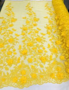 Great piece! 3D lace is full of details. Pearls, flowers and beads flow throughout.   Double Scalloped edges. 51 inches wide. Vegas Shows, Princess Flower, Beautiful Princess, Dresses Bridesmaid, Wedding Fabric, Leaf Decor, Fabric Beads, 3d Flowers, Prom Dresses Lace