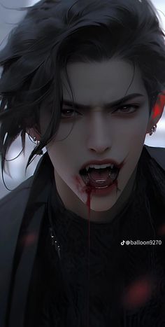 an animated image of a vampire with blood dripping from his mouth and tongue, looking at the camera