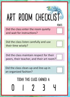 the art room checklist is shown with an image of a chamelon