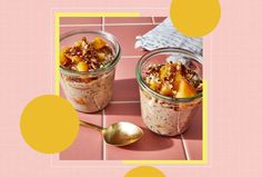 two jars filled with oatmeal sitting on top of a pink tile floor