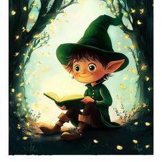 a little boy sitting in the woods reading a book while wearing a green witches hat