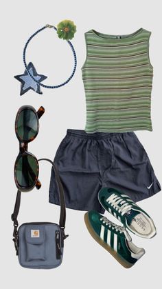 Green Blue Outfit, Green Outfit Summer, Blue And Green Outfit, Blue Outfit Aesthetic, Neue Outfits, Green Sneakers, Green Outfit, Blue Outfit, Lookbook Outfits