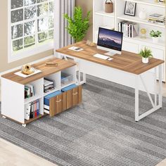 a computer desk sitting on top of a wooden floor next to a book shelf filled with books