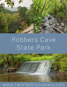 a waterfall and trees with text overlay that reads roberts cave state park