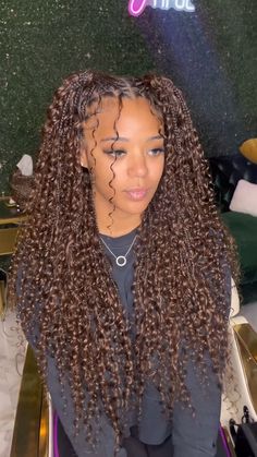 Hair used is tagged below. Bohemian Curls Braids, Boho Box Braid Styles, Braids Hairstyles For Birthday, Boho Braids With Extra Curls, Romani Braids Hairstyles, Small Medium Knotless Braids Boho, Boho Braids With A Lot Of Curls, Curly Braids Black Women, Black Curly Braided Hairstyles