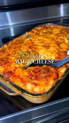 a casserole dish in an oven with the words bake mac and cheese on it