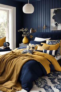 a bedroom with blue and yellow bedding, white rugs and artwork on the wall