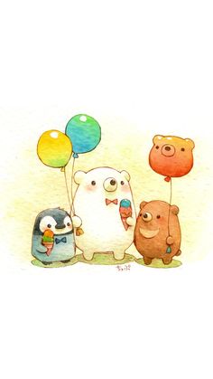 three bears and two penguins are holding balloons