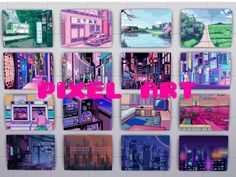 there are many different pictures on the wall with words pixel art written in pink and blue