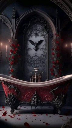 a bathtub with blood on the floor in front of a large clock and candles