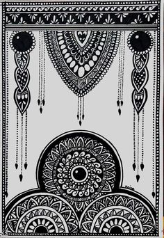 an intricately designed black and white background with beads hanging from the ceiling, in front of