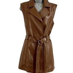 Elie Tahari Brown Faux Leather Soft Belted Vest Nwt $118 Brand New With Tags. Soft Leather Faux Vest With Belt. Trench Style With Collar And Belt. Sleek. Fitted Brown Outerwear For Day Out, Elegant Brown Outerwear For Day Out, Brown Spring Outerwear For Night Out, Chic Brown Outerwear For Day Out, Chic Fitted Outerwear With Tie Waist, Chic Brown Outerwear For Night Out, Animal Print Vests, Faux Vest, Black Leather Vest