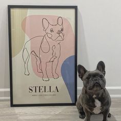 a french bulldog sitting next to a framed art piece on the floor in front of a wall