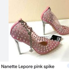 New Nanette Lepore Clear Pink Spike Chain Ankle Heel Sz-9. Nwot Box Silver High Heels With Chain Strap, Silver Heels With Chain Strap, Vintage Suede Jacket, Ankle Heels, Nanette Lepore, Box Color, Garment Bags, Boot Sandals, Rain And Snow Boots