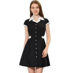 This shirt dress features a button-up closure, a contrast collar, cap sleeves, and a waist-back belt tie for a classic look, which makes you a spotlight. The fitted shape and the belt bring a slim silhouette while the button front and a cinched waist show the charming style of this a-line shirt dress. Pair it with sandals or strappy heels for a stylish career look. Classic Short Sleeve Shirt Dress With Buttons, Classic Short Sleeve Shirt Dress With Button Closure, Classic Black Shirt Dress With Short Sleeves, Classic Belted Short Sleeve Shirt Dress, Classic Belted Shirt Dress With Short Sleeves, Office Shirt Dress With Short Sleeves And Button Closure, Classic Black Collared Shirt Dress, Classic Short Sleeve Shirt Dress, Formal Short Sleeve Shirt Dress With Buttons