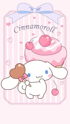 a cute little bunny holding a cupcake in front of it's face with the words cinnamon roll on it