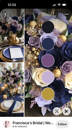 an iphone photo with purple and yellow flowers on the side, gold plated dishes and candles