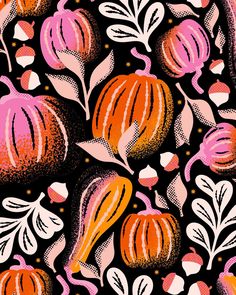 an orange, pink and black pattern with leaves and flowers on a black background is shown