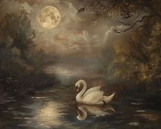 a white swan floating on top of a river under a moon filled sky with clouds