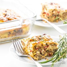 a plate with a slice of casserole on it next to a glass dish