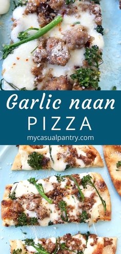 garlic naan pizza on a blue plate with cheese and spinach garnish