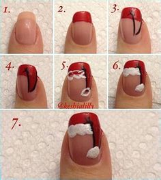 Santa hat nails... I would never do this but for those of you who are into nail art this is pretty cool. Santa Hat Nails, Diy Christmas Nail Art, Nailart Tutorial, Santa Nails, Cute Christmas Nails, Nails Christmas, Holiday Nail Art, Diy Nail Art