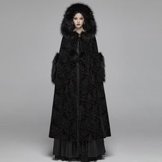 Reversed Snowfall Cloak Long Cape Coat, Gothic Coat, Fur Decor, Long Cape, Style Steampunk, Winter Collars, Normal Clothes, Long Coat Women, Hooded Cloak