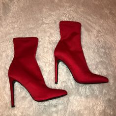 Red Ankle Boot With Pointed Toe. Satin Like Material, Not That Stretchy. No Zipper So It Is A Slide On Boot. Never Worn, Size 36 Ankle-high Boots With Red Sole For Winter, Red Round Toe Heeled Boots For Party, Spring Ankle-high Heels With Red Sole, Red Ankle-high Heels With 4-inch Heel, Fall Heels With Red Sole And Round Toe, High Ankle Heeled Boots With Red Sole For Fall, Red Ankle-high Evening Heels, Fall High Ankle Heeled Boots With Red Sole, Trendy High Ankle Boots With Red Sole