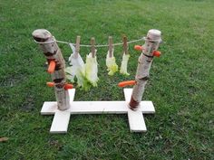 an arrangement of carrots, lettuce and mushrooms on a wooden stand in the grass