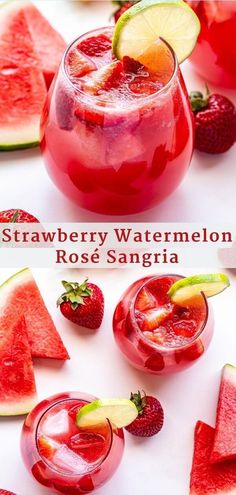 strawberry watermelon rose sangria with sliced strawberries and lime