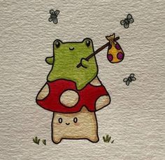 a drawing of a frog with a mushroom on it's back and bees flying around