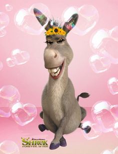 a donkey wearing a flower crown sitting in front of bubbles